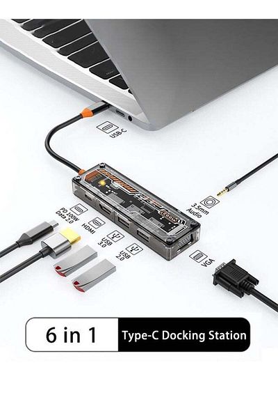 COOYA Transparent USB C Hub 6-in-1 Type-C to HDMI 4K 30Hz Adapter, USB-C Powered VGA 1080P Connector