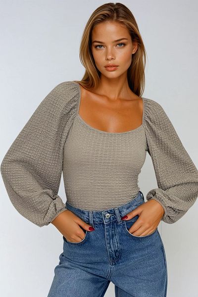 VAGGON Γυναικεία πέτρινη μπλούζα με γιακά Princess Sleeve Wrap Prmx12969