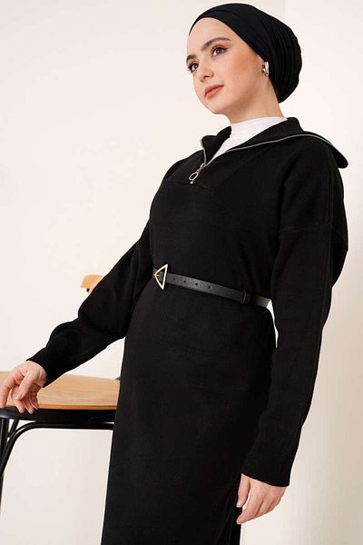 giyze Zippered Collar Knitwear Dress Black 2441