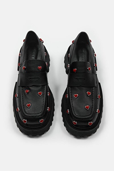 NILUFARR Love Siyah Hakiki Deri Kalın Tabanlı Kadın Loafer