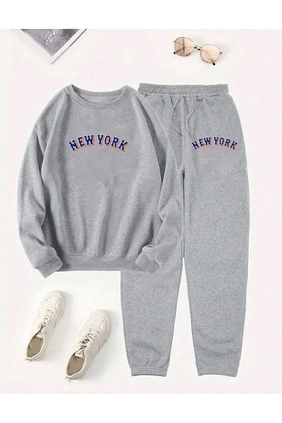 RPT MODA Oversized Blue Newyork Printed Detailed Cycling Collar Double Team Tracksuit
