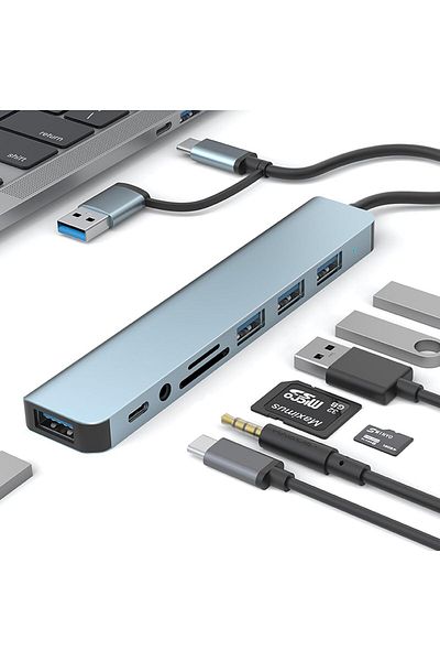 COOYA محطة إرساء USB C Hub 8 في 1 مع USB 3.0 و2.0 وقارئ بطاقات SD/TF