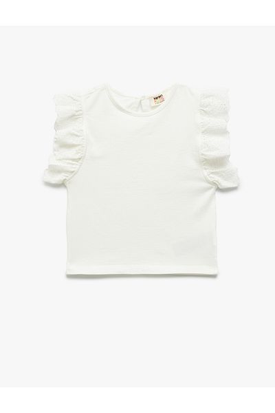 Koton Cotton Embroidered Ruffled Short Sleeve Crew Neck T-Shirt