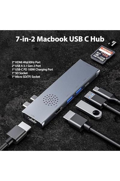 COOYA USB C Hub, 7-in-2 Triple Display, HDMI 4K@30Hz Port, 100W PD, 2*USB 3.1, SD & Micro SD Card Reader