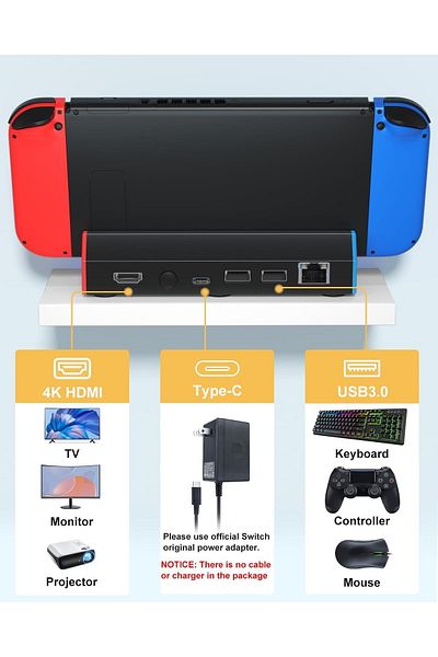 COOYA TV Docking Station, 4K HDMI Adapter/USB 3.0/Type C LAN Port, Replacement for Official Switch Dock