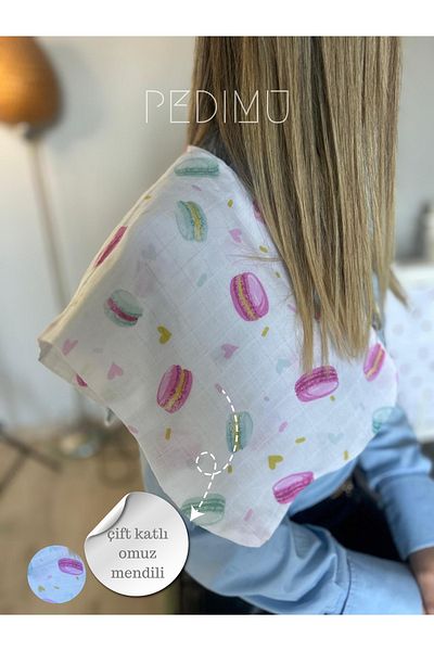 Pedimu Macaron Patterned Double Layer Muslin Shoulder Handkerchief 65X35 cm – 100% Cotton