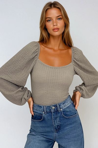 VAGGON Γυναικεία πέτρινη μπλούζα με γιακά Princess Sleeve Wrap Prmx12969