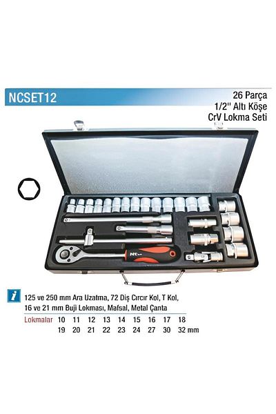 NT Socket Set 6 Corner Cr-v 1/2 26 Pieces Ncset12