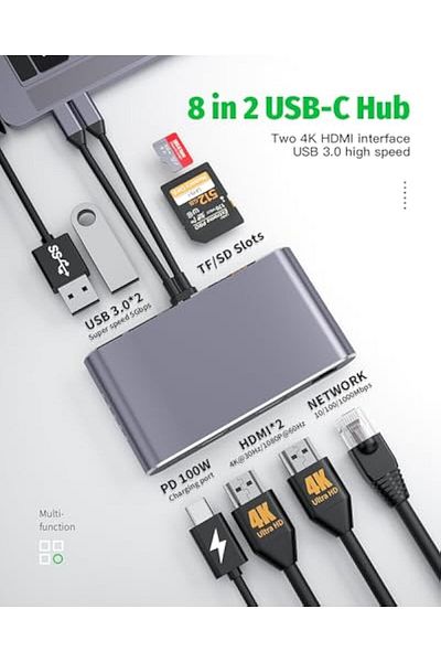 COOYA HDMI Multiport Adapter, USB C Docking Station Dual Monitor,RJ45, USB 3.0, 100W PD & SD/TF Reader