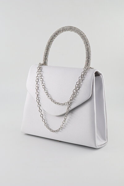 KEEBA Geantă de seară argintie cu piatră de satin. Geantă de seară din satin ...