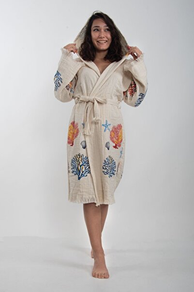 Makro Trend Peshtemal Bathrobe Cotton Beach Mixed Coral Sea Star Pattern 1 Piece Unisex Beachwear Kimono Kaftan