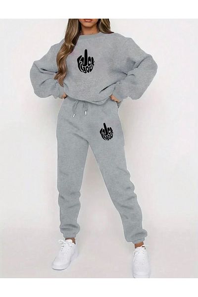 RPT MODA Oversized Fck You Printed Detailled Crew Neck Double Team Tracksuit
