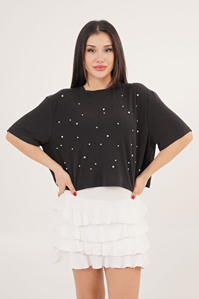 Hipo Trend Prednja Sa kamenim detaljima Labava Modal Crna Skraćeni kroj