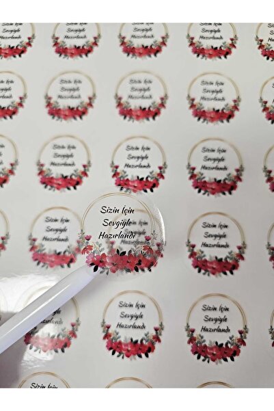 ETİKETİM Şeffaf Sticker Kırmızı Çiçekli Sevgiyle Hazırlandı 4 cm - 70 ADET