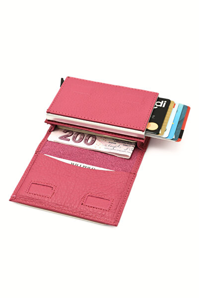 willpolo Γνήσιο πορτοφόλι από φυσικό δέρμα αγελάδας αυτόματο ροζ θήκη για κάρτες με μηχανισμό θήκης