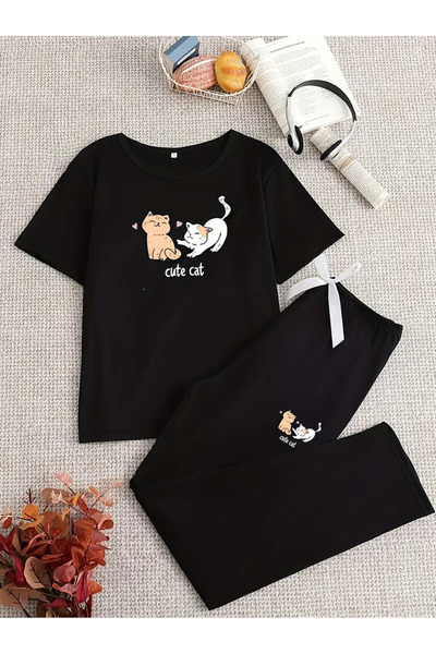 PENTHİLUS Cute Two Cats Printed Short-Sleeved Casual Homewear Set, Shirt and Long Pants