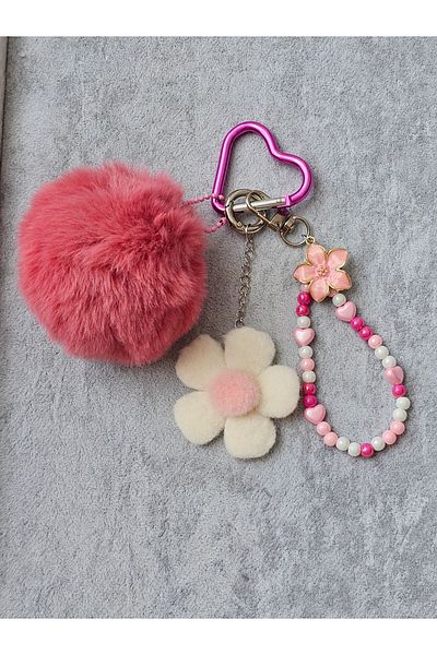 SiestaAccessories Pink Plush Floral Beaded Bag Charm / Accessory / Ornament / Keychain