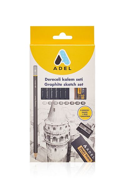 Adel Pencil Set with Graduations, 8Pcs,Hb-8B, Exam Eraser,Pencil Sharpener Gift,Technical Drawing,Sketching