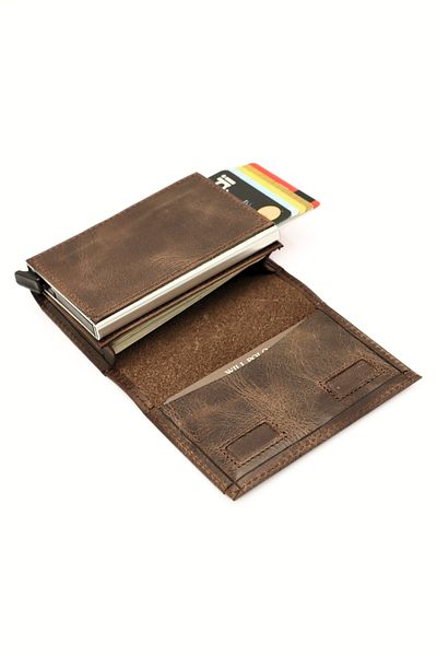 willpolo Genuine Cowhide Natural Automatic Crazy Brown Card Holder Wallet with Pouch Compartment Mechanism