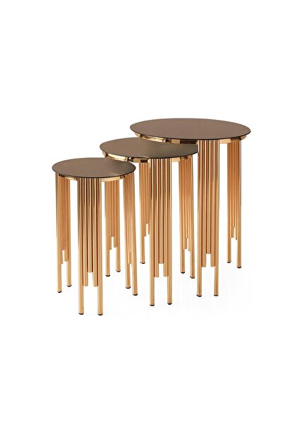 Evistro Yuvarlak Cam Zigon Sehpa 3 lü Gold Kaplama Bronz Cam