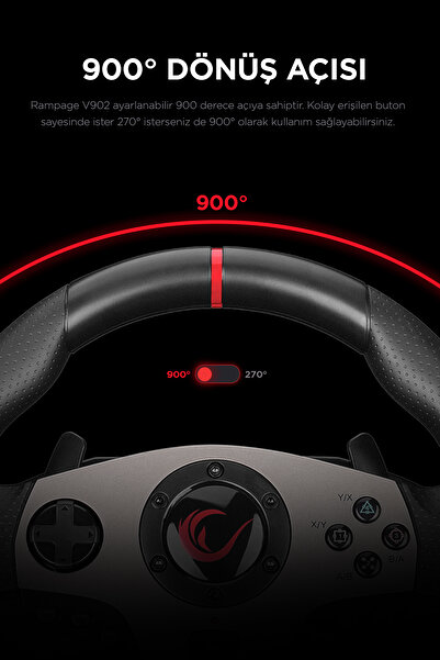 Rampage V902 Oyuncu Direksiyon Seti PC Uyumlu 3 Pedallı Oyuncu Direksiyonu ( Sadece Pc Uyumlu )