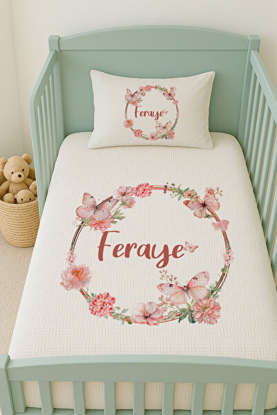 Lilabio %100 Pamuk İsme Özel İsimli 100x150 cm Pike Seti Kelebekli Çiçek Çemberi
