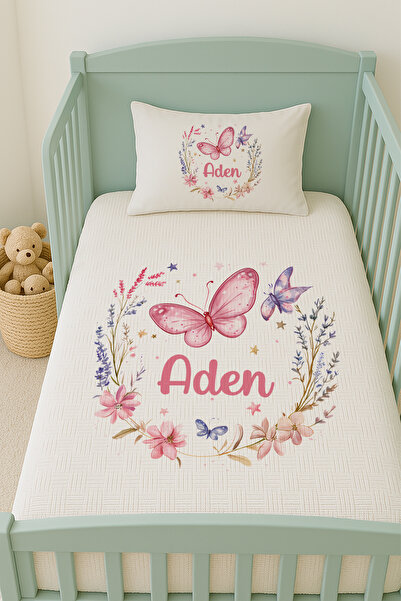 Lilabio %100 Pamuk İsme Özel İsimli 100x150 cm Pike Seti Pembe Kelebekler ve Çiçek