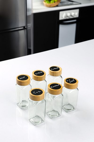 Porselen Diyarı 6-Piece Square Glass Spices Jar with Writable Label Pen Gift