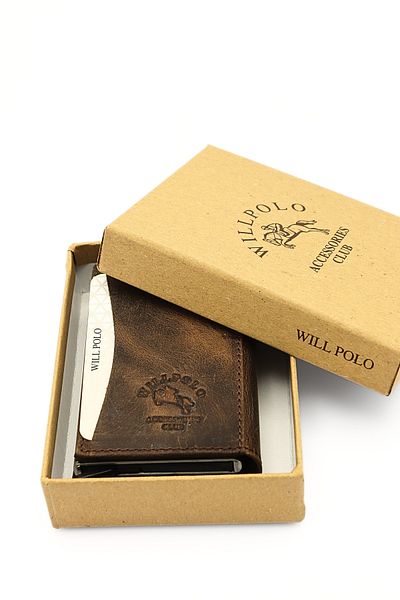 willpolo Genuine Cowhide Natural Automatic Crazy Brown Card Holder Wallet with Pouch Compartment Mechanism