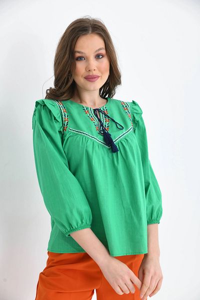 Park Karon Embroidery Detailed - Long Sleeve Tie-up Women's Loose Blouse