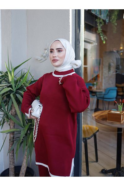 SAHRA BUTİK Claret Red Knitwear Set - Slit - Sahra Boutique