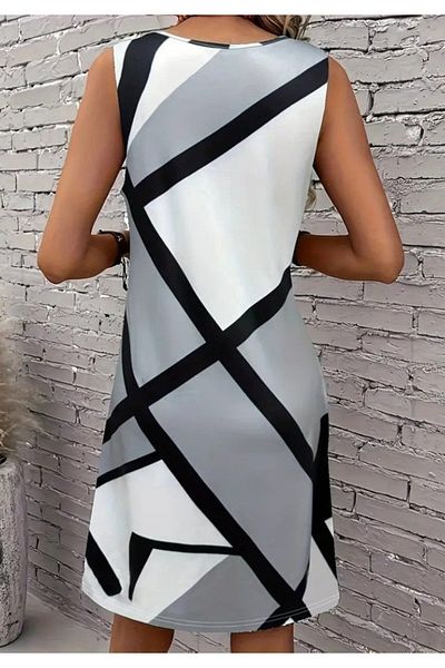 Little Visqon Women's Strappy Round Neck Geometric Patterned Short Single Jersey Dress