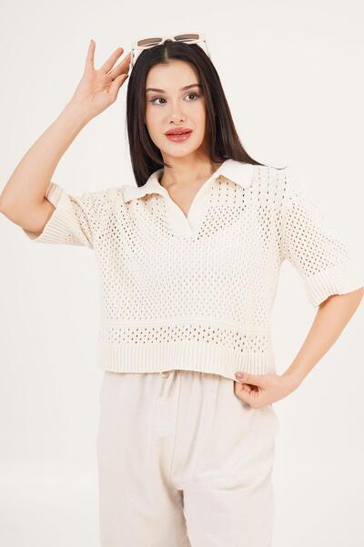 Hipo Trend Polo Neck Half Sleeve Openwork Beige Blouse