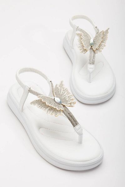 Nexs Women's White Skin Flat Sole Flip Flops Sandals with Butterfly Stone Figure