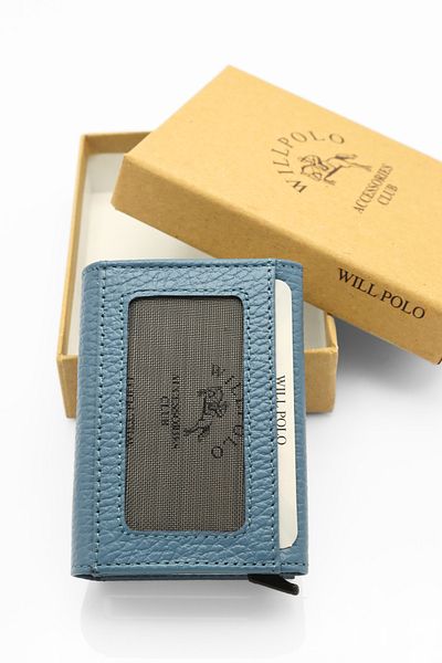willpolo Genuine Calfskin Natural Automatic Blue Card Holder Wallet with Pouch Compartment Mechanism