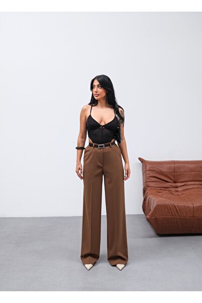 OUZ Fashion Kadın Poly Viscose Kemerli ve Dökümlü Palazzo Pantolon (Kemer Dahildir)