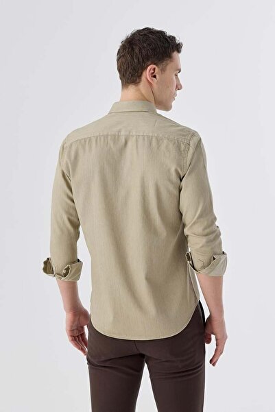 Jakamen Beige Slim Fit Pocket Button Collar 100% Cotton Shirt