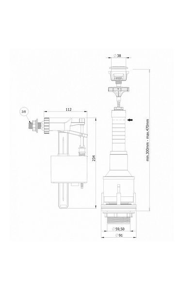 MEGA Mecanism golire rezervor WC, alimentare laterala, racord alama 3/8, cu buton, set complet