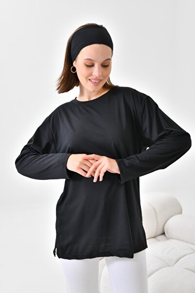 mirach Μαύρο βαμβακερό χτενισμένο τουνίκ μακρυμάνικη μπλούζα T-shirt Top