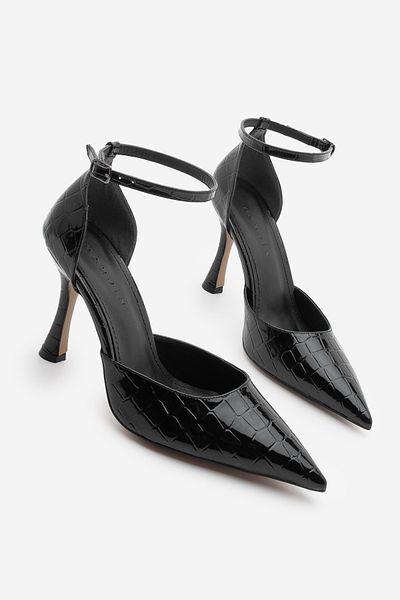 Marjin Damen-Stiletto-Schuhe mit spitzer Zehenpartie, schwarze Kroko-Absätze, Knöchelriemen