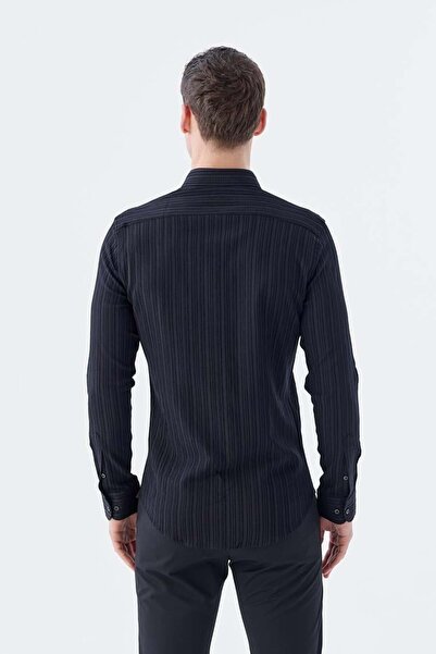 Jakamen Black Slim Fit Buttoned Collar Linen Blended Patterned Shirt