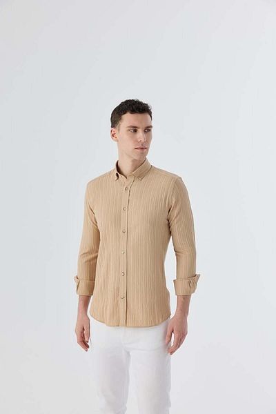 Jakamen Μπεζ Slim Fit Πουκάμισο με κουμπιά με λαιμόκοψη με μικτό σχέδιο
