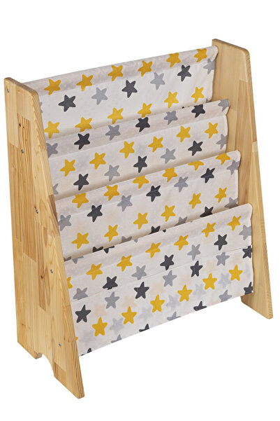 Temel Doğal Ahşap Montessori Çocuk Kitaplığı Sarı Kumaşlı