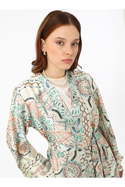 Refka Etnik Desenli Saten Pantolon Kimono Takım -Refka