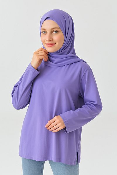 mirach Lavender Cotton Combed Tunic Long Sleeve Blouse T-shirt Top