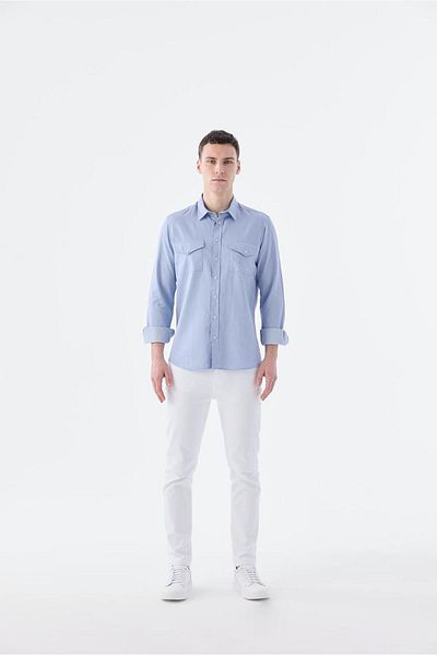 Jakamen Μπλε Comfort Fit τσέπη και κουμπωτό 100% βαμβακερό τζιν πουκάμισο