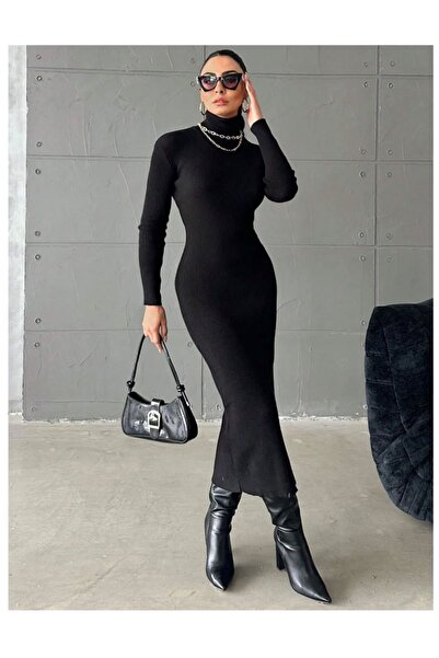 A&K PREMİUM Rochie creion din bumbac cu nervuri, cu decolteu, lungime midi