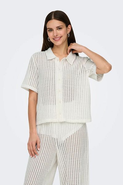 ONLY Women's Onlfreya Openwork Polo Blouse - Buttoned Seasonal Ecru Tennis