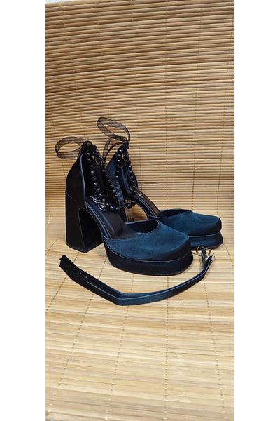 Berush Bride Women's Black Satin Pearl Ankle Tie Platform Shoes