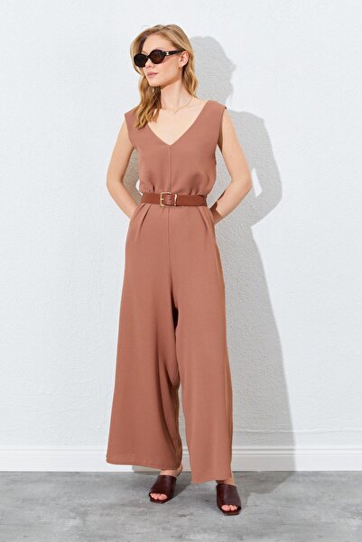 TENA Women's Mocha Cross Back Loose Cut Crepe Jumpsuit